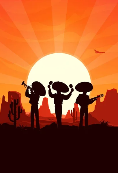 Мексиканские Музыканты Мариачи Силуэты Пустынных Лучах Заката Праздник Вектор Синко — стоковый вектор