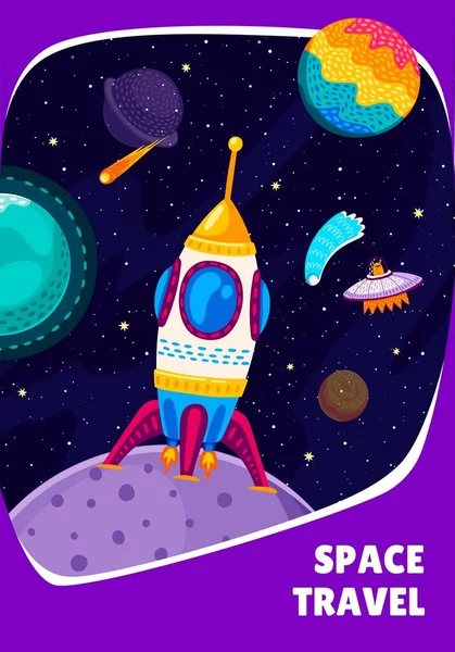Raumfahrt Banner Mit Cartoon Raumschiff Stehen Auf Der Planetenoberfläche Sternengalaxie — Stockvektor