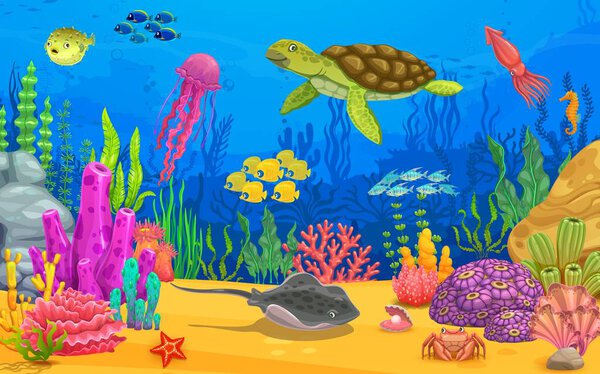 Cartoon sea animals, turtle, stingray, jellyfish and fish shoal in underwater ocean landscape, vector game level. Undersea background with coral reef underwater world, tropical fishes and seashells