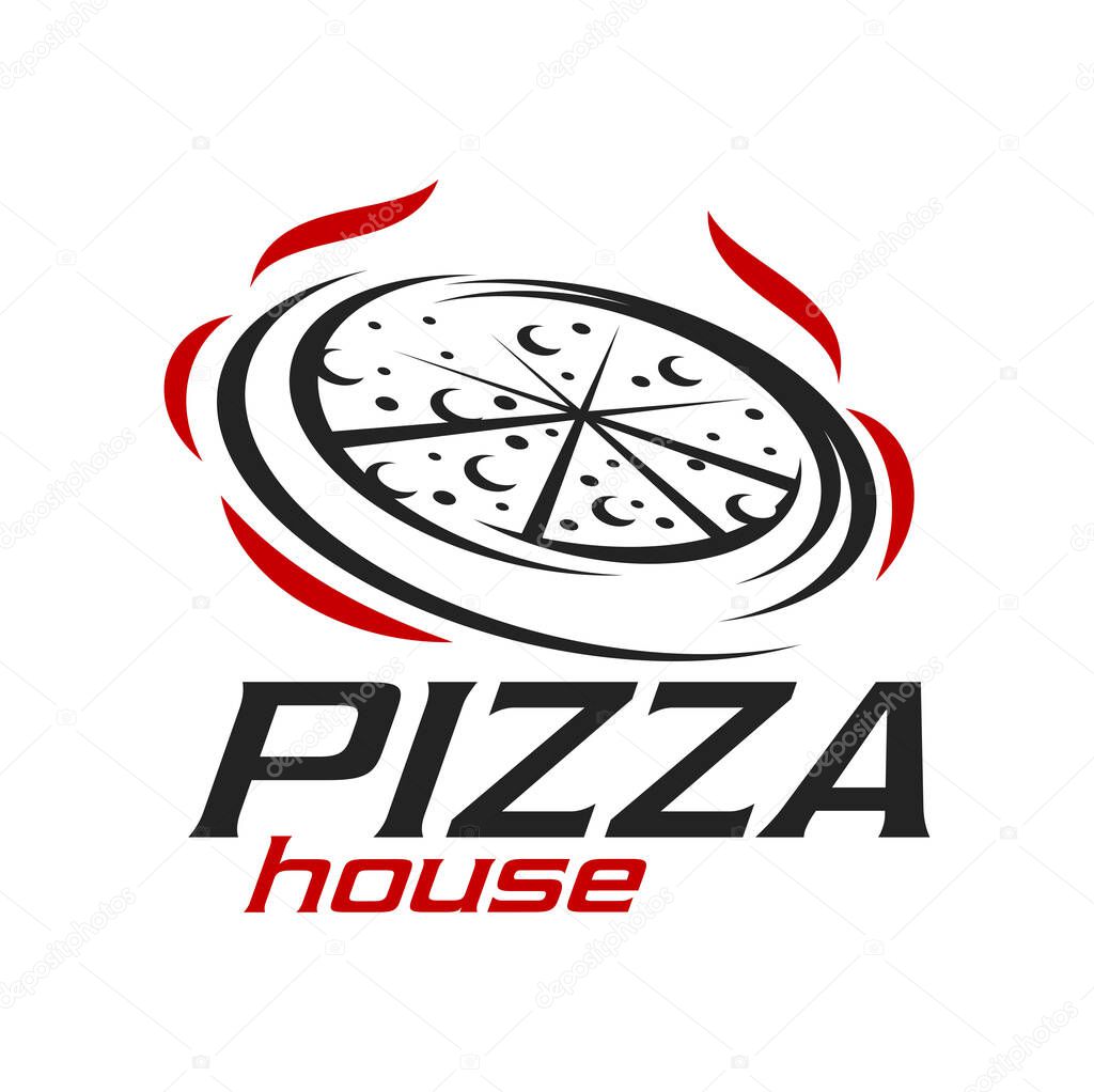 Pizza graphic icon or fastfood meal symbol. Takeaway cafe meal symbol, Italian cuisine or fast food restaurant dish, street pizzeria menu vector icon or emblem with hot pizza