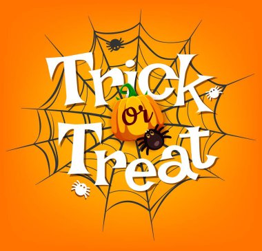 Cadılar Bayramı afişini örümcek ağı ve örümcek ağında komik çizgi film örümceği ile düzenle ya da tedavi et, vektör arkaplan. Cadılar bayramı ve korku gecesi ve balkabağı ve neşeli örümcekli bayram kutlaması posteri