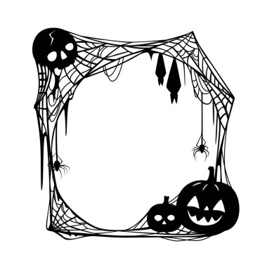 Kafatası, balkabağı ve örümcek ağlı cadılar bayramı siyah çerçevesi, vektör arkaplan. Cadılar Bayramı korku gecesi tebrik kartı ya da üzerinde yarasa çerçeveleri ve örümcek ağında ürkütücü iskelet olan poster.