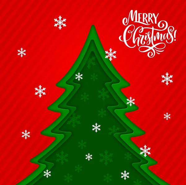 Weihnachtspapier Geschnitten Kiefernsilhouette Mit Schneeflocken Auf Rot Gestreiftem Hintergrund Vector — Stockvektor