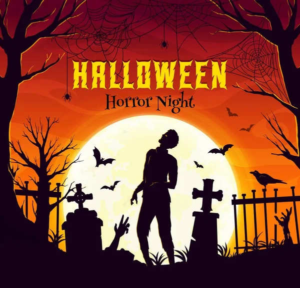Halloween Banner Zombie Silhouette Und Fliegende Fledermäuse Auf Dem Friedhof — Stockvektor