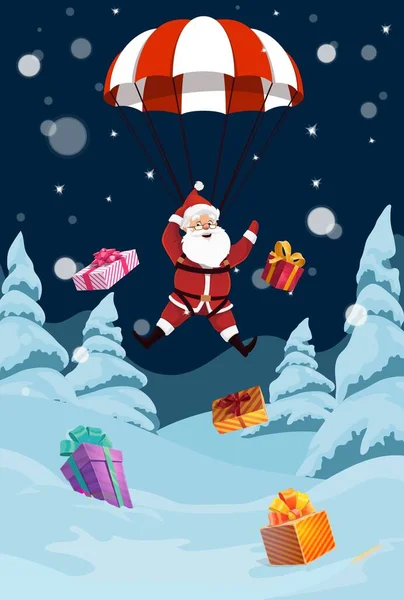 サンタはパラシュートで空から降りてきて 世界中の子どもたちに喜びと贈り物を届けます ベクターお祝いの父ノエルのキャラクターは雪と散乱プレゼントボックスで夜の森に着陸します — ストックベクタ