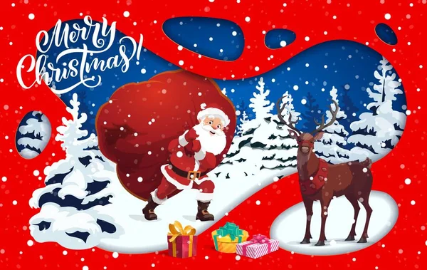 Χριστουγεννιάτικο Χαρτί Κομμένα Τοπίο Τάρανδοι Και Άγιος Βασίλης Cartoon Διάνυσμα — Διανυσματικό Αρχείο