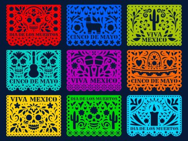 Meksika gazetesi bayrak kesiyor. Cinco de mayonez, dia de los muertos, Viva Mexico papel picado izole vektör lazer kesici şablonlar. Geleneksel dekoru çiçek desenli, kafatasları, kaktüsü, pinyatası