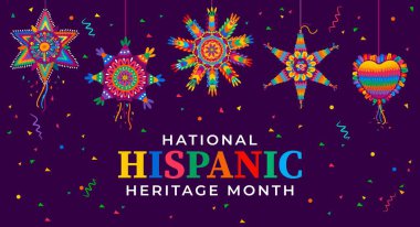 Ulusal İspanyol Mirası Festivali 'nde bayram pinyatası, vektör pankartı geçmişi. Latin Amerika kültürü, gelenekleri ve sanat mirası festivali posteri renkli pinatalar ve yıldız kalbi