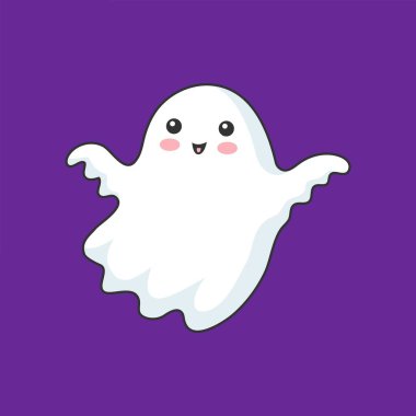 Çizgi film kawaii cadılar bayramı hayaleti, komik uçan hayalet vektör ürkütücü karakter. Cadılar Bayramı şirin mutlu neşeli hayalet ya da çocuklar için korkunç canavar şaka mı şeker mi partisi mi?