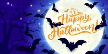 Midnight Halloween sky with flying bats and moon, horror night holiday cartoon vector background. Happy Halloween, trick or treat party celebration poster with spooky bats in haunted forest and moon clipart