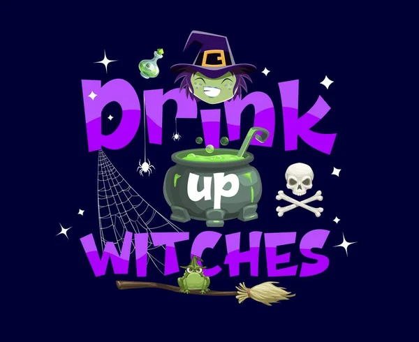 Halloween Wakacje Cytat Drink Czarownice Magicznym Eliksirem Kocioł Czaszki Szkielet — Wektor stockowy
