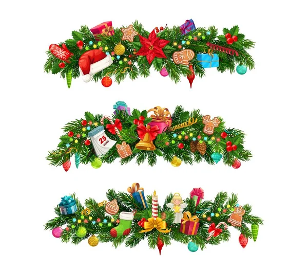 クリスマスの花の枝 緑の松とホリー クリスマスの休日の装飾とライト 赤いボール 金の星 ギフト ジンジャーブレッド カレンダーとろうそくとXmasの木のガーランドのベクトル境界 — ストックベクタ