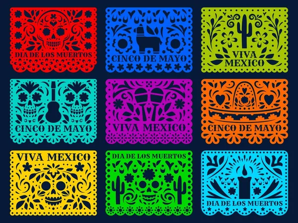 Papel Mexicano Cortar Bandeiras Férias Cinco Mayo Dia Los Muertos — Vetor de Stock