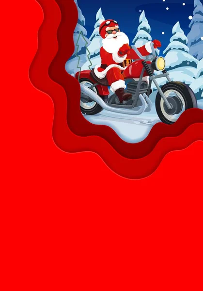 Tarjeta Felicitación Corte Papel Navidad Dibujos Animados Santa Bicicleta Celebración — Vector de stock