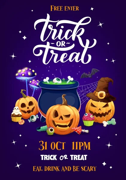 Halloween Party Flyer Scary Pumpkins Witch Potion Cauldron Cartoon Vector — Stock Vector