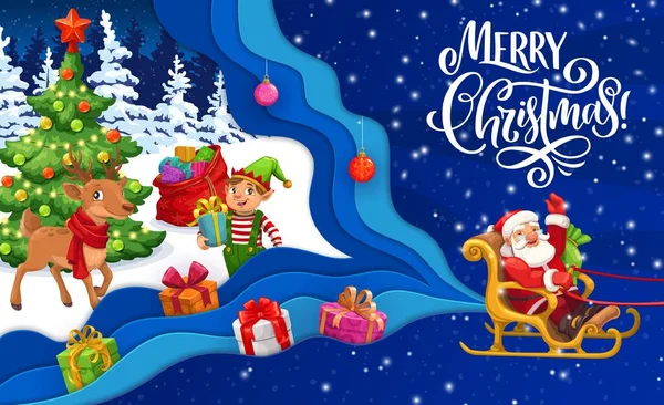 Cartoon Paper Cut Flying Santa Sleigh Gnome Pine Holiday Tree — Stock Vector