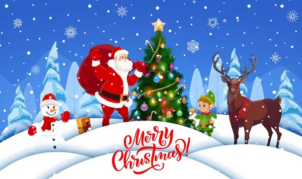 クリスマス用紙カットポスター サンタ エルフ 雪だるま 雪の波に鹿 ベクターXmasグリーティングカード 陽気な父ノエルのキャラクターが夜の木にギフトバッグを運ぶ — ストックベクタ