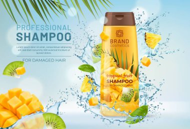 Realistic fruit shampoo bottle with water splash, green leaves, kiwi and mango. Vector ads banner with 3d tube admist fresh liquid drops, palm tree leaves and juicy pieces of tropical fruits clipart