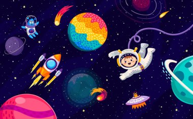 Çizgi film çocuğu astronot, uzaylı, UFO ve uzay gemisi yıldızlı galaksi manzarasında. Vektör oğlan uzay adamı uzayda seyahat ediyor. Komik kozmonot, fantezi dünyasında ağırlıksız yüzüyor.