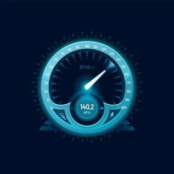 Speedometer Neon Dial Car Speed Gauge Dashboard Futuristic Counter Interface — Stock Vector