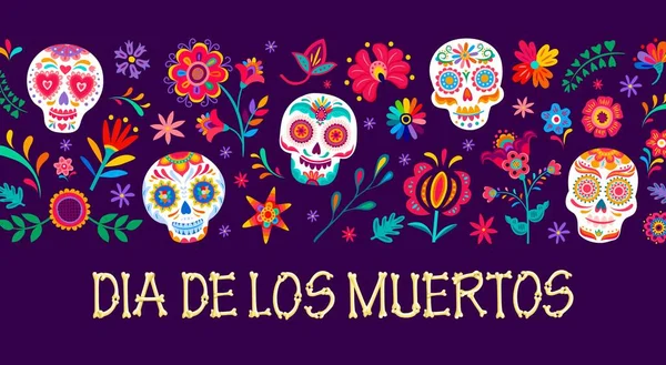 Cartoon Sugar Calavera Skulls Tropical Flowers Dia Los Muertos Day — Stock Vector