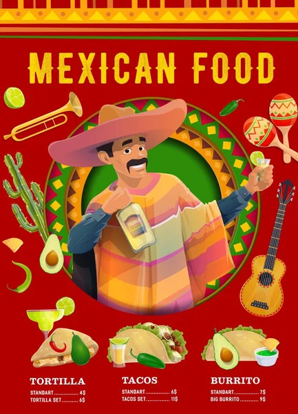 Mexican Cuisine Menu Poster Vector Restaurant Promo Banner Mariachi Male — Stock Vector