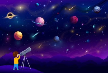 Çocuk teleskopla gökyüzüne bakıyor. Çizgi film galaksisi gezegenleri, vektör astronomi bilimi eğitimi. Fantezi evrenini, yıldızları, asteroitleri, takımyıldızlarını izleyen sevimli çocuk karakteri.