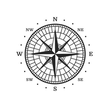 Eski pusula, klasik harita rüzgar gülü yıldızı, deniz yolculuğu ve deniz seyrüsefer vektör sembolü. Kuzey batı ve doğu yönünde oklu klasik pusula, deniz haritası ve rüzgar gülü.