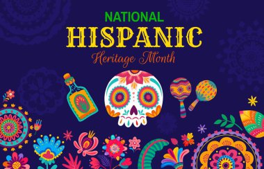 Çiçekler, marakalar ve calavera şekerli kafatasıyla ulusal İspanyol Mirası Ayı afişi. Meksika ve İspanya Ulusal Kutlama Posteri, Latin Amerika Kültür Karnavalı Tekila ve Kafatası ile