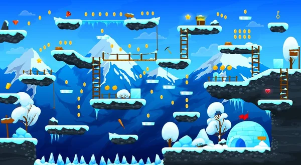 冬季游戏水平图 Ui设计 有跳台 冰屋或冰屋建筑 木制梯子和路标 奖金硬币和资产 挂冰柱的病媒高山背景 — 图库矢量图片