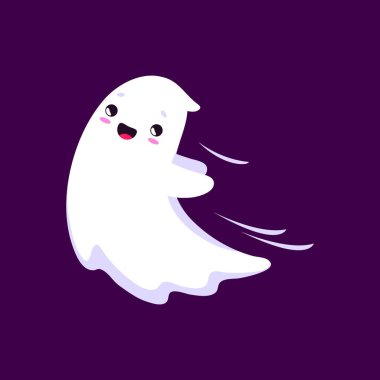 Cadılar Bayramı çizgi filmi Kawaii hayalet karakteri. Sevimli vektör tatlı komik ruh, sevimli gülüşü ve neşeli ifadesiyle bebek hortlak uçuyor ve ürkütücü tatil sezonuna büyüleyici bir dokunuş ekliyor.