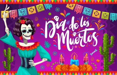 Ölü Tatil Günü 'nde Catrina karakteri ve Picado gazetesi çelenkleri mumlar ve kadife çiçekleriyle kesiyor. Vektör Dia De Los Muertos Calavera iskelet dansçısı, sunak ve bayraklar