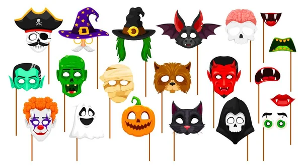 Cartoon Halloween Photo Booth Masks Monster Props Holiday Vector Faces — Stock Vector