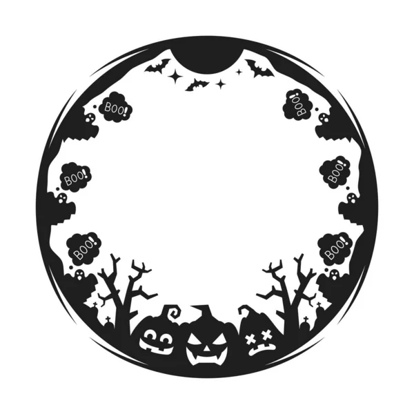 Halloween Holiday Black Frame Ghosts Saying Boo Creepy Pumpkin Faces — Stock Vector