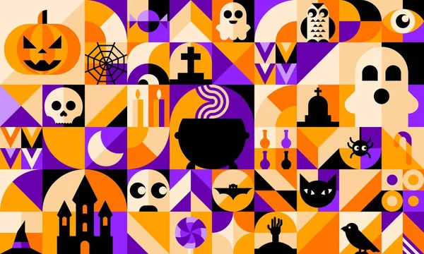 包豪斯万圣节的几何图案抽象的现代形状与恐怖的假日人物 带有恐怖鬼魂 骷髅和蝙蝠 女巫帽和糖果的病媒背景 — 图库矢量图片