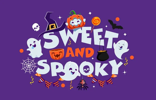 Sweet Spooky Halloween Quote Sweets Kawaii Ghosts Pennant Garland Vector — Stock Vector