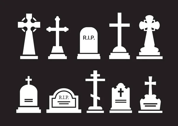 墓石と墓石のシルエット 墓石とヘッドストーン 隔離されたベクトル白い記念碑は 命を表し 出発した人々に敬意を払う リップ花崗岩プレートとクロスセット — ストックベクタ
