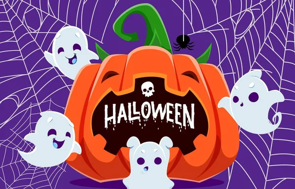 Halloweenpompoen Kawaii Geesten Tussen Spinnenweb Vector Feestelijke Banner Met Schattige — Stockvector