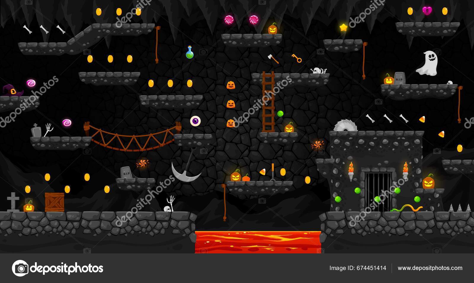 拱廊万圣节恐怖洞穴景观游戏平面地图界面矢量平台和鬼魂楼梯和硬币万圣节卡通游戏背景与南瓜硬币奖励和骨骼奖金图库矢量图©VectorTradition  674451414