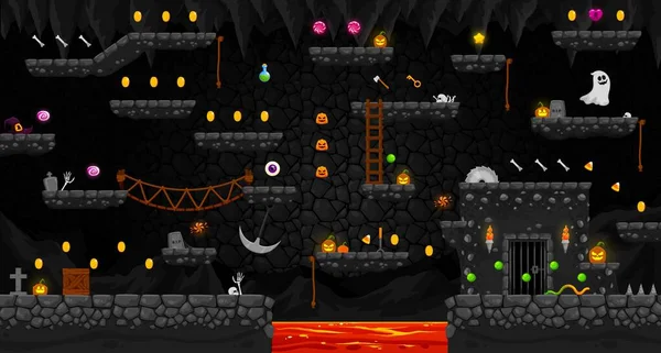 Arcade Halloween Korku Mağarası Manzarası Oyun Seviyesi Harita Arayüzü Vektör — Stok Vektör