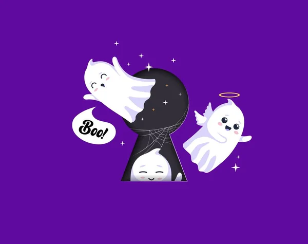 Fantasmi Kawaii Halloween Del Fumetto Che Volano Fuori Dal Buco — Vettoriale Stock