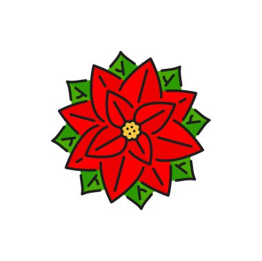 Noellerin kırmızı çiçek çizgisi simgesi. Vektör Yeni Yıl çelengi, kutsal arifesi süslemesi, Noel tatilinde çiçek dekorasyonu.