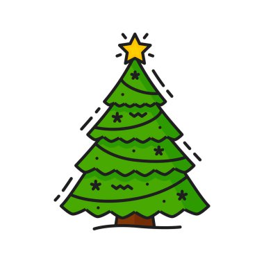 Madalyalı yeşil Noel ağacı ve en üstteki yıldız simgesi. Çiçekli ve kar taneli köknar ağacı taşıyıcı, yeni yıl sembolü.