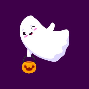 Cadılar Bayramı çizgi filmi Kawaii hayalet karakteri şeker için balkabağı kovası tutuyor, büyüleyici bir hortlaklık ve şirinlik yayıyor. İzole edilmiş vektör bebek hayalet şahıs, şaka mı şeker mi partisine göz kırpıyor.