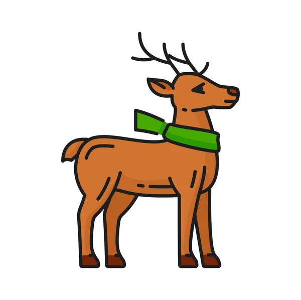圣诞节圣鹿在绿色围巾孤立线图标 病媒复古驯鹿新年假期的标志 圣诞节动物 — 图库矢量图片
