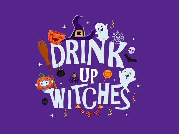 Halloween Holiday Quote Drink Witches Ghosts Pumpkin Vector Characters Cartoon — Stock Vector
