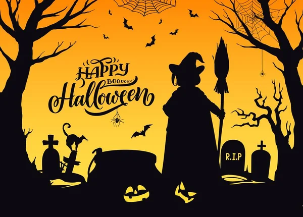 Sagoma Strega Halloween Sul Cimitero Personaggio Delle Vacanze Horror Vettoriale — Vettoriale Stock