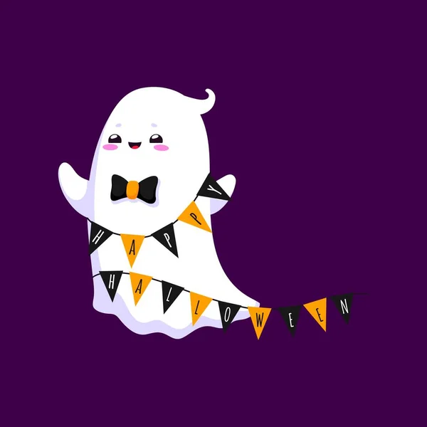 Cartoon Halloween Kawaii Ghost Character Adorned Festive Garland Bow Tie — Stock Vector