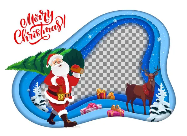 Christmas Paper Cut Frame Cartoon Santa Xmas Gifts Vector Layered — Stock Vector