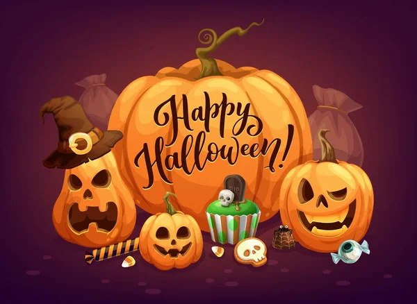 Calabazas Halloween Dibujos Animados Dulces Vacaciones Para Noche Terror Póster — Vector de stock
